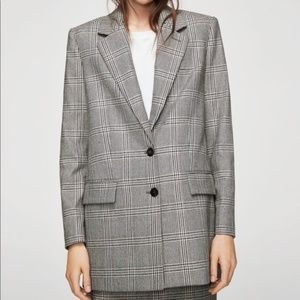 Mango Prince of Wales Wool Oversized Gray Blazer